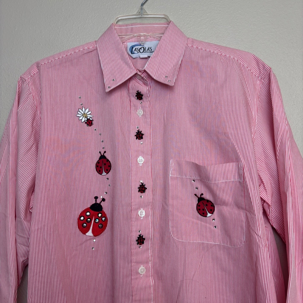 Las Olas Ladybug Embroidered Shirt Womens Small Red Pinstripe Rhinestone Vintage - Picture 3 of 15